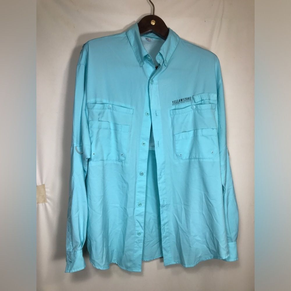 Yellowstone Parks Fishing Shirt Mens Large Blue  Embroidered Fishing Hike